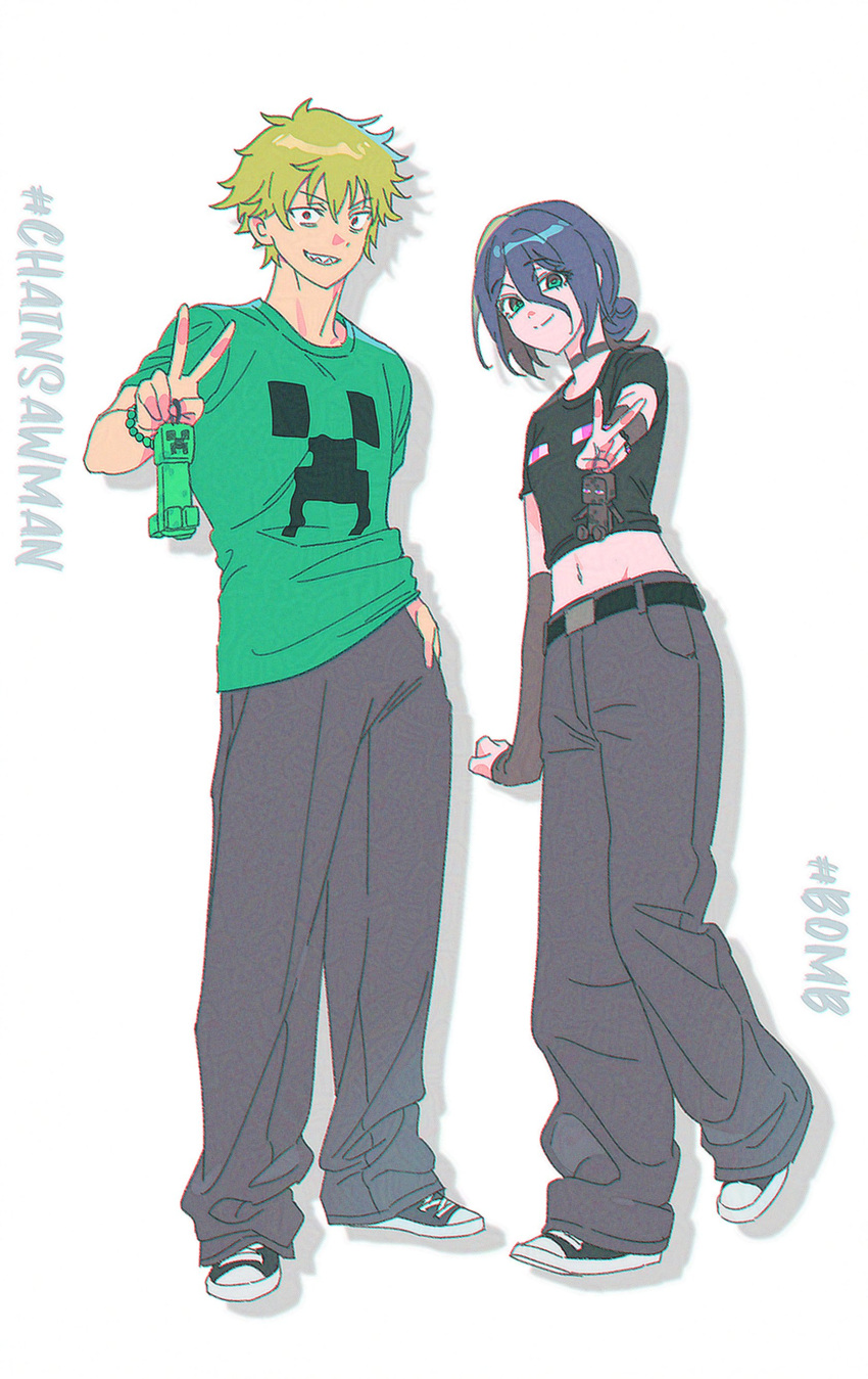 1boy, 1girl, absurdres, artist_name, baggy_pants, belt, black_belt, black_choker, black_shirt, black_shoes, blonde_hair, blue_hair, breasts, chainsaw_man, choker, creeper, denji_(chainsaw_man), enderman, full_body, green_eyes, green_shirt, grey_pants, grin, hair_between_eyes, highres, minecraft, murangee, pants, red_eyes, reze_(chainsaw_man), shirt, shoes, short_hair, simple_background, smile, t-shirt, v, very_short_hair, white_background