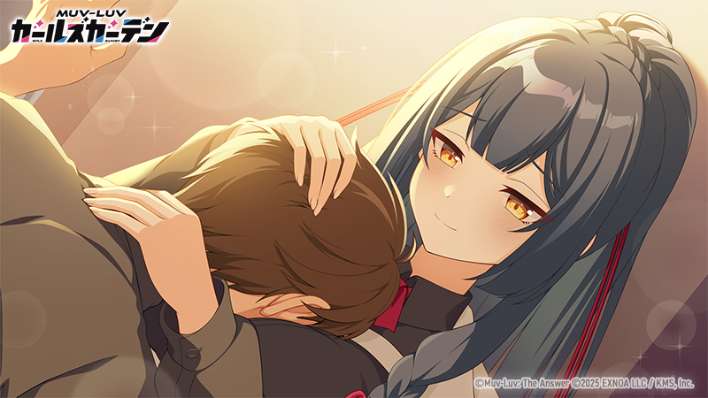 1boy, 1girl, 2025, between_breasts, black_shirt, blue_hair, breasts, brown_hair, closed_mouth, copyright_logo, copyright_name, copyright_notice, hair_ribbon, head_between_breasts, high_ponytail, ikoma_aoi_(muv-luv), logo, long_hair, muv-luv, muv-luv_girls_garden, official_art, ponytail, red_ribbon, ribbon, shirt, short_hair, soso_5050_soso, upper_body, yellow_eyes