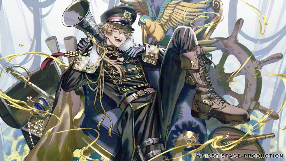 1boy, :d, animal_on_arm, arched_crown, armchair, barrel, belt, bird