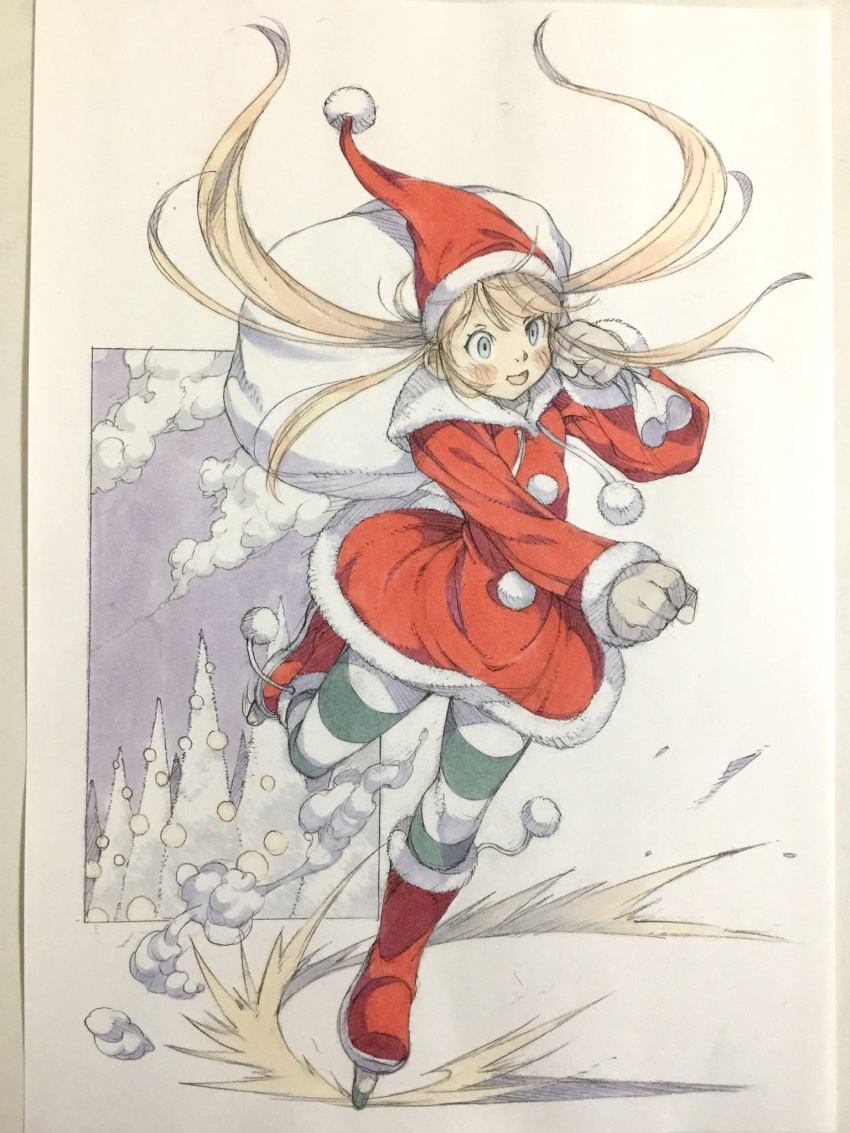 1girl, blonde_hair, blue_eyes, boots, christmas, clouds, commentary, drawstring, dress, full_body, fur-trimmed_boots, fur-trimmed_dress, fur_trim, gloves, green_thighhighs, hand_up, hat, highres, holding, holding_sack, hood, hood_down, hooded_dress, ice_skates, ice_skating, leg_up, long_hair, open_mouth, original, peter_salt, pine_tree, pom_pom_(clothes), red_boots, red_dress, sack, santa_costume, santa_hat, skates, skating, smile, solo, standing, standing_on_one_leg, striped_clothes, striped_thighhighs, thigh-highs, traditional_media, tree, twintails, white_gloves
