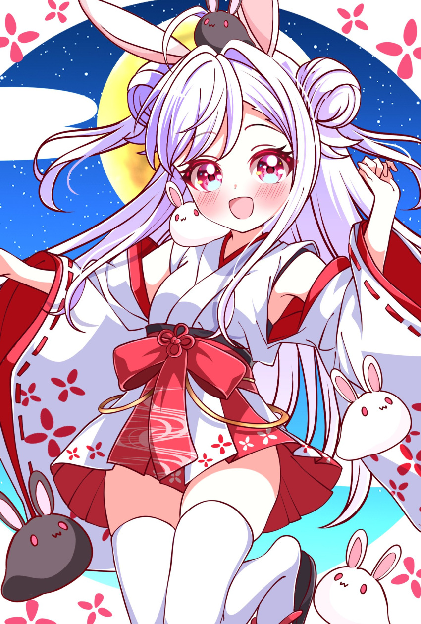 1girl, :d, animal, animal_ears, animal_on_head, blush, detached_sleeves, double_bun