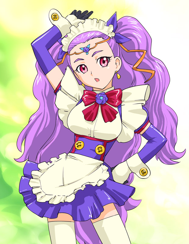 :o, apron, arm_up, bow, breasts, cosplay, earrings, flower, frills, gloves, hairband, hand_on_hip, hips, jewelry, koutetsu_tenshi_kurumi, kurumi, kurumi_(cosplay), long_hair, maid, mimino_kurumi, namesake, precure, purple_hair, purple_rose, raised_arm, red_eyes, ribbon, rose, solo, thigh-highs, thighhighs, ueyama_michirou, white_legwear, yes!_precure_5