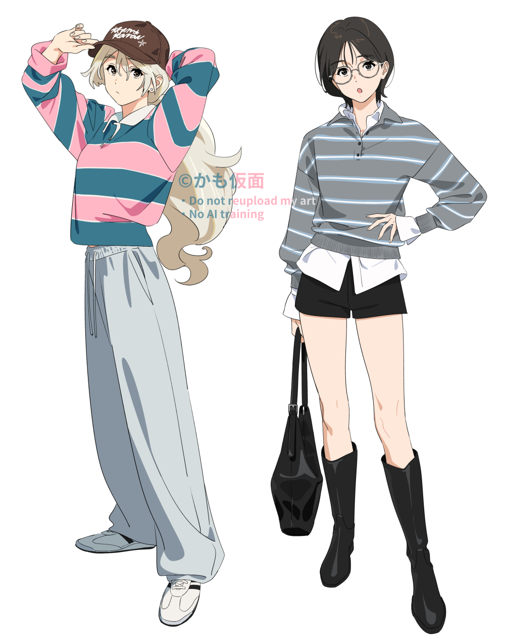 2girls, baseball_cap, black_eyes, black_hair, blonde_hair, brown_eyes, ear_piercing, glasses