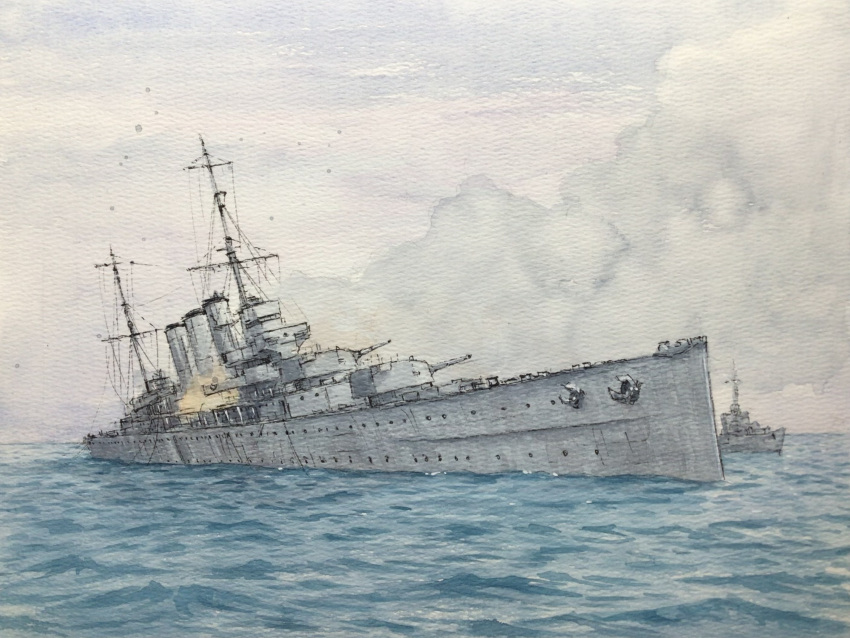 atelier_bono, battle_of_savo_island, clouds, commentary_request, cruiser, destroyer, fire, highres