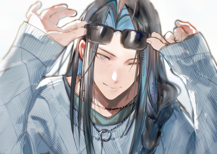 1boy, adjusting_eyewear, blue_sweater, braid, braided_ponytail, curtained_hair, emmmmabab, fate/grand_order, fate_(series), grey_eyes, highres, jewelry, kondou_isami_(fate), kondou_isami_(over_the_same_sky)_(fate), long_hair, low-braided_long_hair, low-tied_long_hair, necklace, one_eye_closed, parted_hair, single_braid, smile, solo, sweater, white_background
