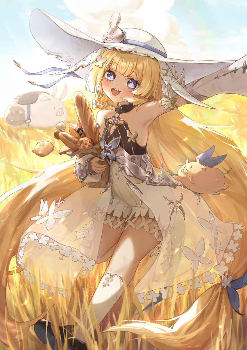 +_+, 1girl, :d, absurdres, armpits, blonde_hair, breasts, commentary_request