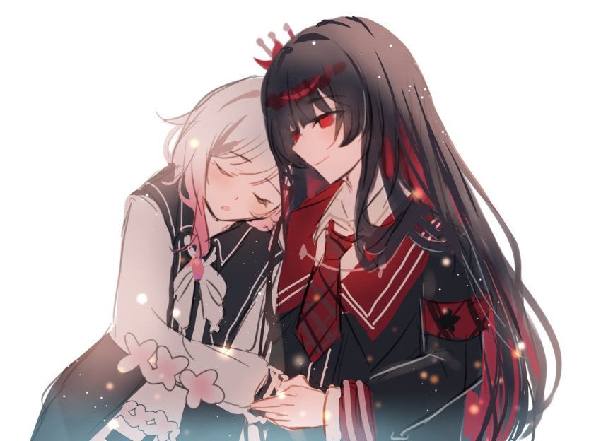 2girls, black_dress, black_hair, closed_eyes, closed_mouth, commentary, dress, flower