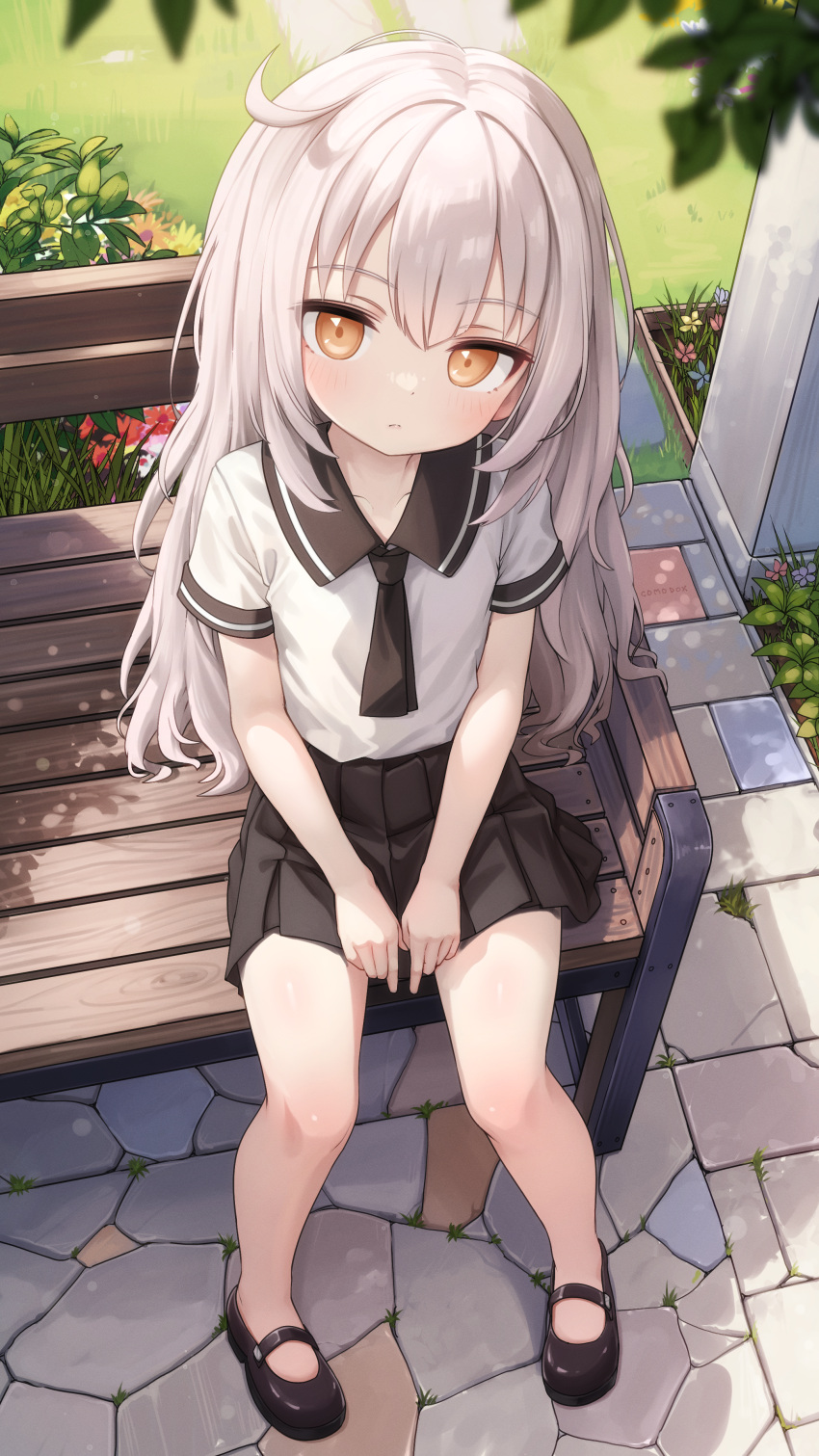 1girl, absurdres, bench, black_shoes, black_skirt, closed_mouth, commentary, comodox