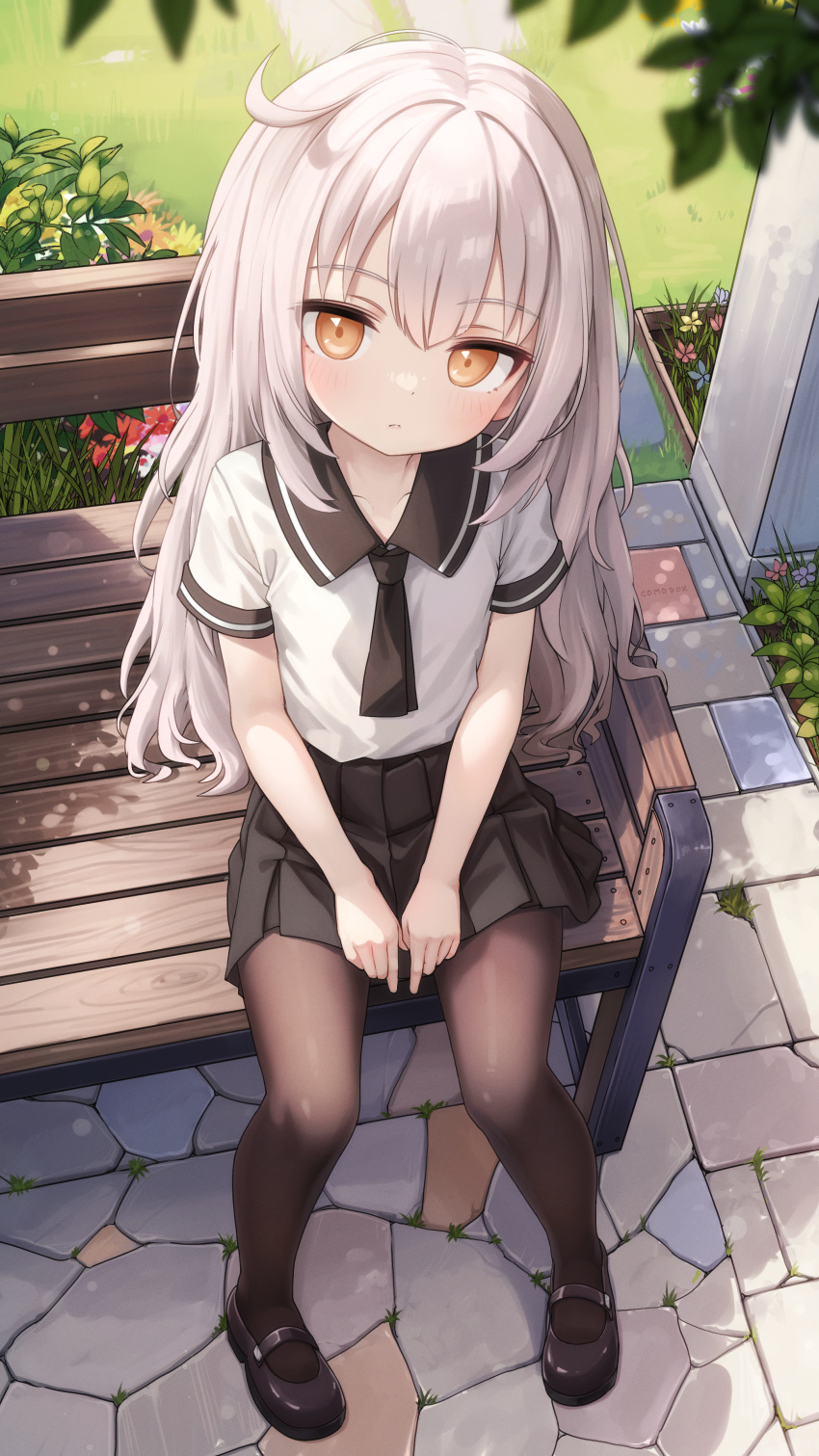 1girl, absurdres, bench, black_pantyhose, black_shoes, black_skirt, closed_mouth, commentary