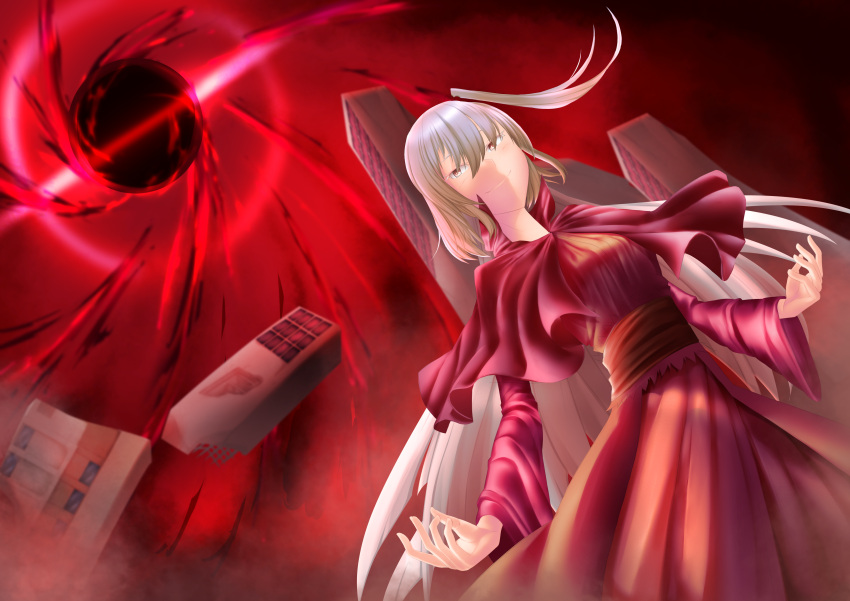 1girl, absurdres, aranmaho, black_hole, bow, breasts, building, capelet
