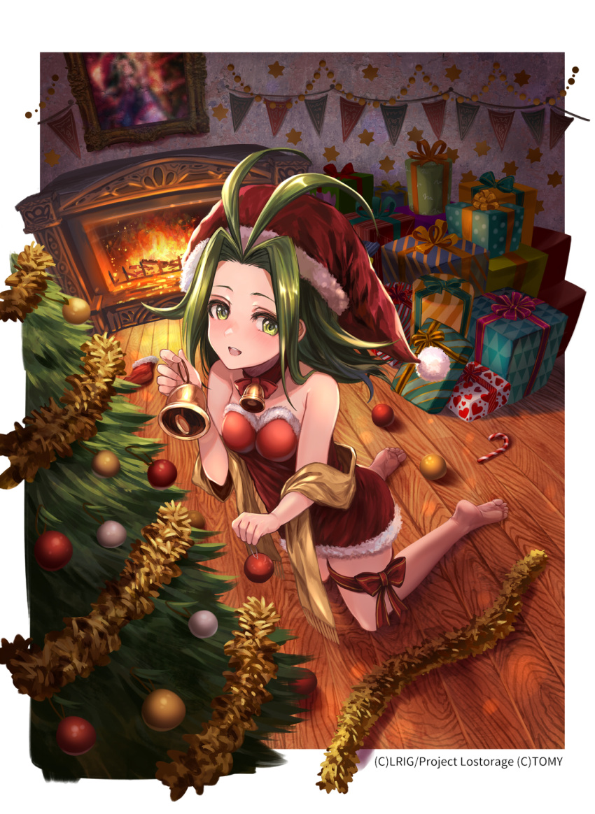 1girl, bell, candy, candy_cane, choker, christmas_ornaments, christmas_present, christmas_tree