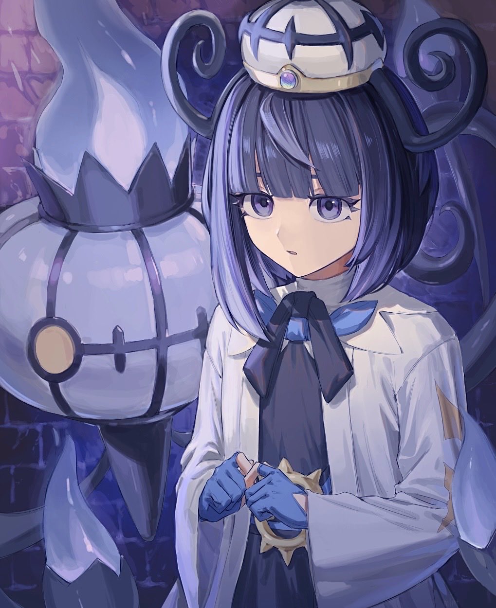 1girl, black_dress, black_hair, blunt_bangs, bob_cut, chandelure, coat, dress, eyelashes, gloves, gradient_hair, gwynn_(pokemon), highres, long_hair, looking_at_viewer, mega_stone, mint_pk, multicolored_hair, open_clothes, open_coat, parted_lips, partially_fingerless_gloves, pokemon, pokemon_(creature), pokemon_legends:_z-a, purple_hair, short_hair, upper_body, violet_eyes, white_coat, wide_sleeves