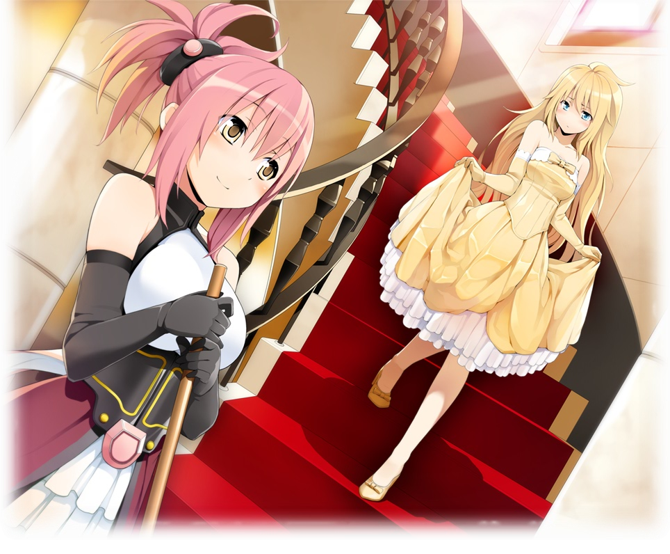 bare_shoulders, blonde_hair, blue_eyes, blush, brown_eyes, cosmic_break, detached_sleeves, dress