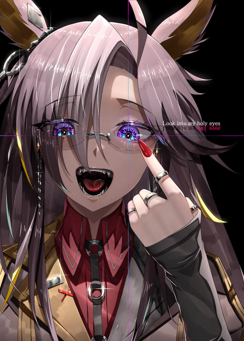 1girl, ahoge, amekudaki, animal_ears, black_background, brown_hair, collared_shirt, commentary_request, dream_journey_(reminder_of_dreamland)_(umamusume), dream_journey_(umamusume), english_text, glasses, hair_over_one_eye, highres, horse_ears, horse_girl, jewelry, long_hair, long_sleeves, looking_at_viewer, multiple_rings, open_mouth, red_nails, red_shirt, ring, sharp_teeth, shirt, simple_background, solo, teeth, umamusume, violet_eyes