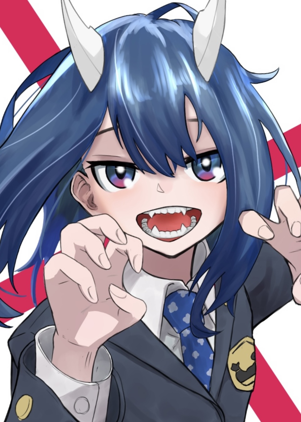 1girl, aoki_ruri, black_jacket, blue_hair, blue_necktie, claw_pose, fangs, hands_up