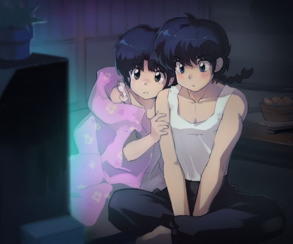1girl, arm_grab, black_hair, blue_eyes, blush, braid, brown_eyes, couple