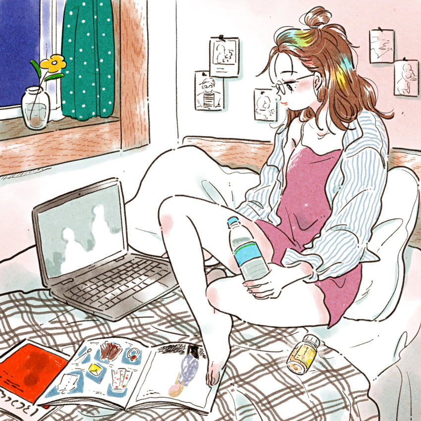 1girl, ad, apartment, barefoot, bed, black_eyes, blanket, blush