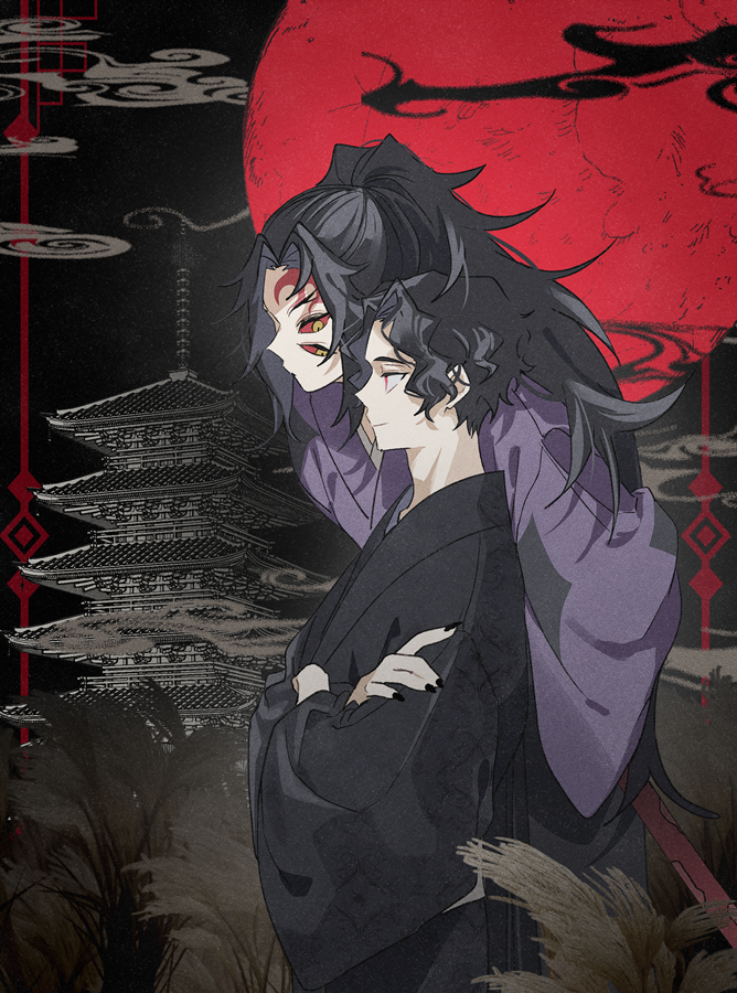 2boys, black_hair, black_kimono, black_nails, colored_sclera, crossed_arms, curly_hair, fingernails