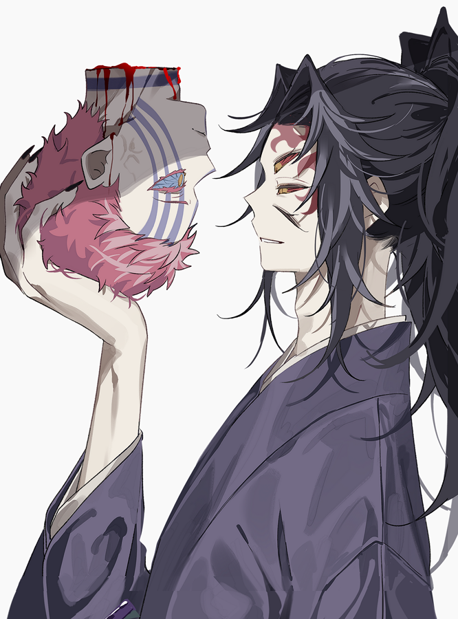 2boys, akaza_(kimetsu_no_yaiba), black_hair, blood, blood_from_neck, closed_mouth, colored_sclera, decapitation, fingernails, grin, hand_up, high_ponytail, holding_detached_head, kimetsu_no_yaiba, kokushibou, looking_at_another, male_focus, multiple_boys, pink_hair, ponytail, red_sclera, sal_gun, short_hair, simple_background, smile, spiky_hair, teeth, veiny_face, white_background