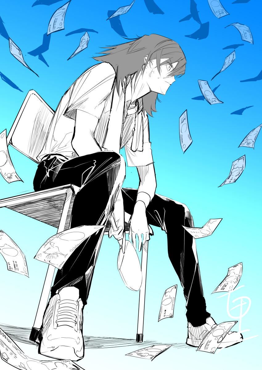 1boy, absurdres, chair, fccrcrvim924172, highres, medium_hair, mikado_taira, money, paddle, pants, ping-pong_peril, shoes, short_sleeves, sitting, sneakers, solo, sweat, table_tennis_paddle