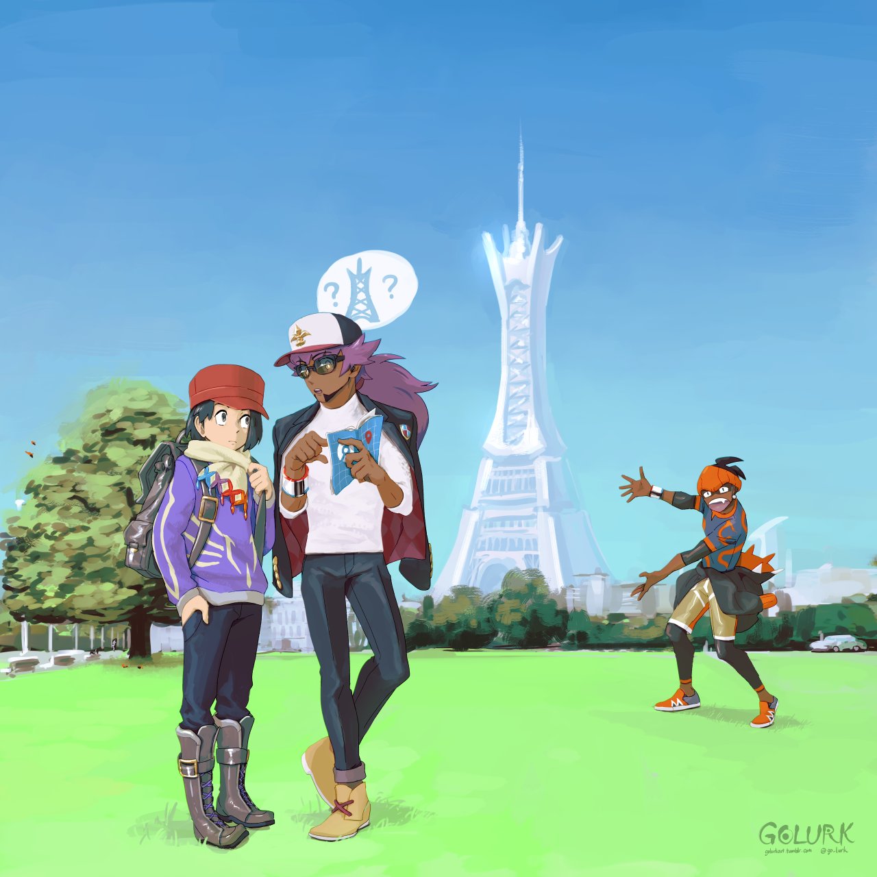 3boys, alternate_costume, baseball_cap, black_hair, black_jacket, blue_sky, boots, calem_(pokemon), clear_sky, closed_mouth, commentary, dark-skinned_male, dark_skin, day, eye_contact, go-lurk, grass, hat, headband, highres, hoodie_around_waist, jacket, jacket_on_shoulders, leon_(pokemon), long_hair, long_sleeves, looking_at_another, lumiose_city, male_focus, multiple_boys, orange_headband, outdoors, pants, pokemon, pokemon_swsh, purple_hair, purple_jacket, raihan_(pokemon), red_hat, scarf, shoes, short_hair, signature, sky, standing, tree