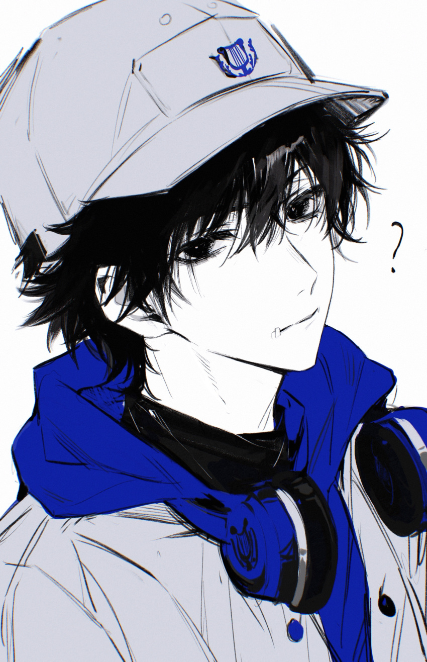 1boy, ?, absurdres, baseball_cap, black_eyes, black_hair, black_shirt, blue_hoodie