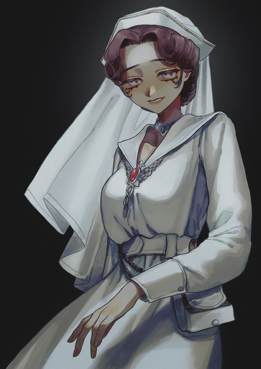 1girl, belt, belt_pouch, black_background, breasts, brown_hair, caduceus, chain