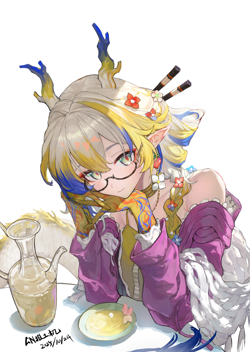 1girl, absurdres, arknights, bare_shoulders, blonde_hair, blue_hair, braid, breasts