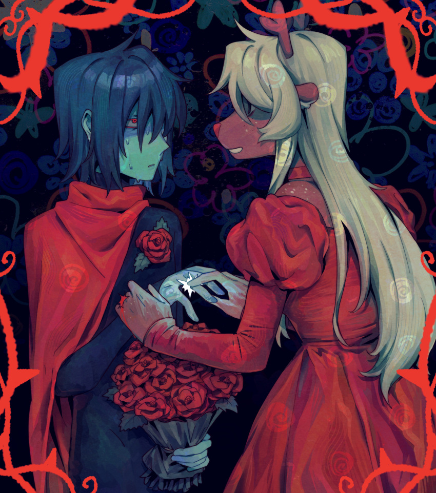 1girl, 1other, alternate_costume, animal_ears, black_unitard, blonde_hair, blue_hair, blue_skin