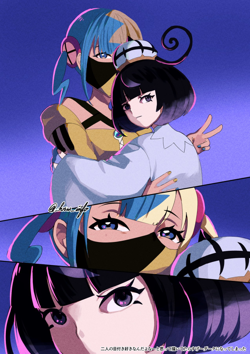 2girls, bandeau, black_eyes, black_hair, blonde_hair, blue_hair, blue_nails, blunt_bangs