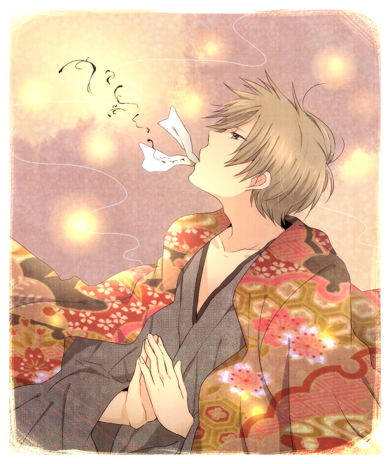 brown_hair, haori, hexagon, japanese_clothes, kimono, looking_up, male, mouth_hold