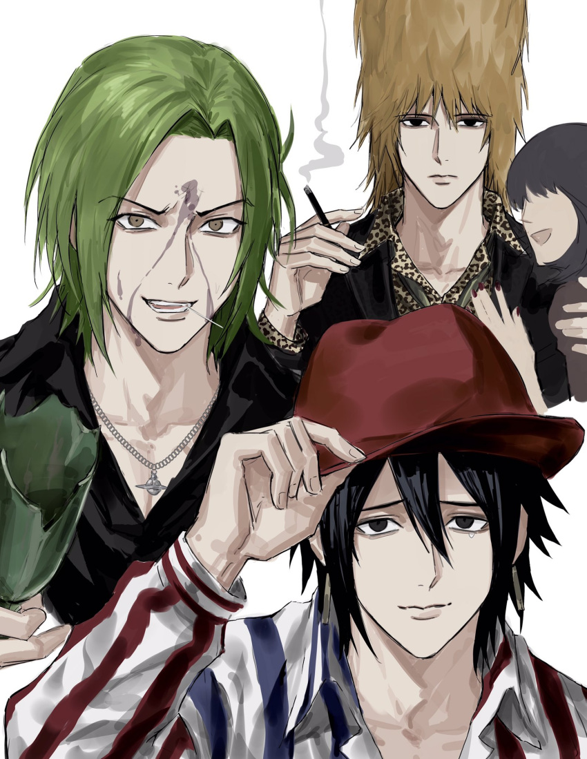 1girl, 3boys, black_eyes, black_hair, broken_bottle, character_request, cigarette, earrings