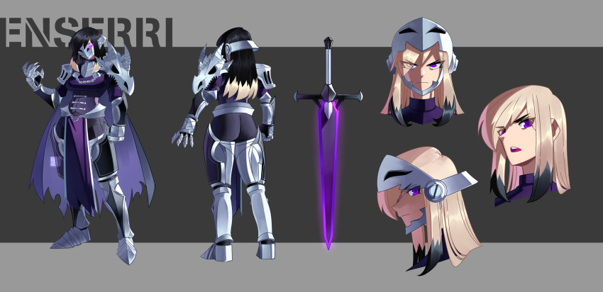 1girl, absurdres, armor, armored_boots, black_hair, blonde_hair, boots, cape, chain, character_name, colored_tips, commentary, commission, cropped_torso, english_commentary, enserri_(frozencore94), full_body, gauntlets, glowing, glowing_sword, glowing_weapon, highres, knight, long_hair, mask, metal_mask, multicolored_hair, multiple_views, original, pelvic_curtain, purple_shirt, reference_sheet, shirt, shoulder_armor, standing, tsurime, ueko_(ueko_t), v-shaped_eyebrows, violet_eyes, weapon