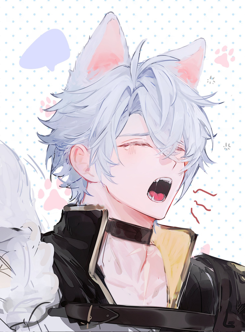 1boy, animal_ears, armor, black_choker, black_shirt, choker, closed_eyes, commentary