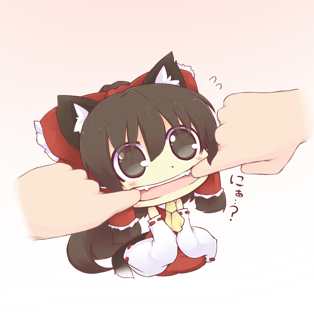 animal_ears, benauxi, blush, bow, brown_eyes, brown_hair, cat_ears, cat_tail, chibi, detached_sleeves, dress, fangs, finger_in_mouth, fingersmile, forced_smile, hakurei_reimu, hands, hazuki_ruu, kemonomimi_mode, large_bow, miko, minigirl, mouth_pull, open_mouth, red_dress, solo, spread_mouth, tail, touhou, translated