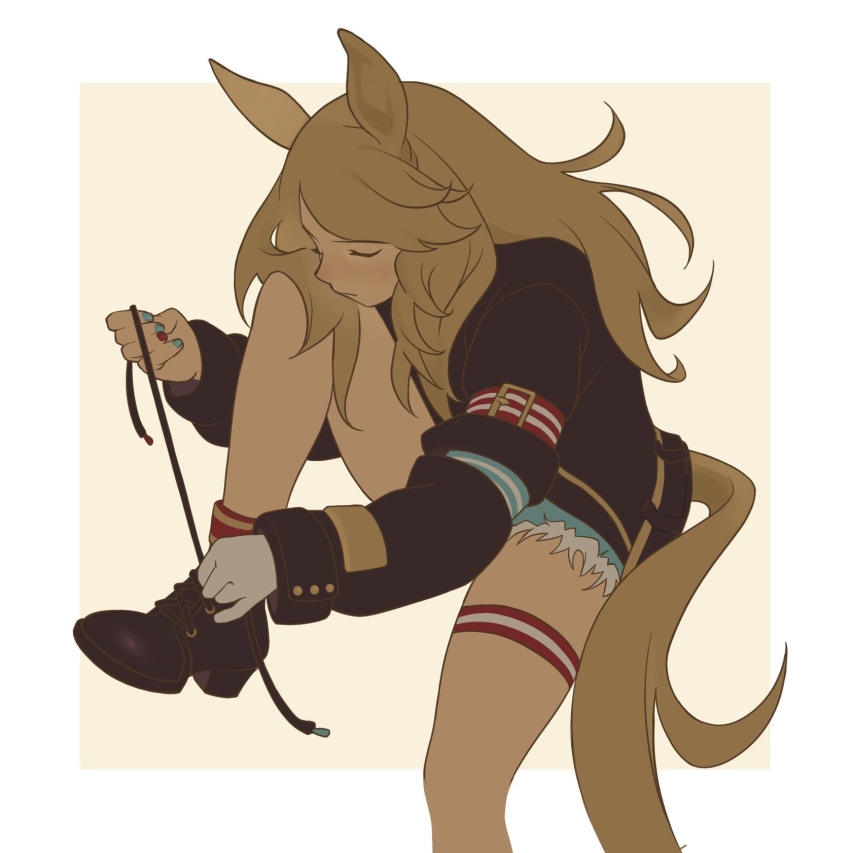 1girl, animal_ears, aqua_belt, aqua_nails, aqua_shorts, arm_belt, belt, belt_buckle, black_bow, black_jacket, blonde_hair, border, bow, buckle, closed_eyes, closed_mouth, commentary, denim, denim_shorts, english_commentary, expressionless, faithinstrngrs, foot_out_of_frame, fur-trimmed_shorts, fur_trim, gloves, gold_buckle, gold_city_(authentic/1928)_(umamusume), gold_city_(umamusume), head_on_own_knee, highres, horse_ears, horse_girl, horse_tail, jacket, leg_up, light_blush, long_hair, long_sidelocks, long_sleeves, multicolored_nails, nail_polish, outside_border, pointy_nose, puffy_long_sleeves, puffy_sleeves, red_nails, red_socks, short_shorts, shorts, sidelocks, single_glove, sleeve_cuffs, socks, solo, striped_belt, tail, thigh_strap, tying_footwear, umamusume, wavy_hair, white_border, white_gloves, yellow_background