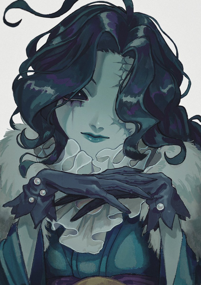 1girl, ahoge, ascot, black_eyes, black_gloves, black_hair, black_sclera, blue_lips
