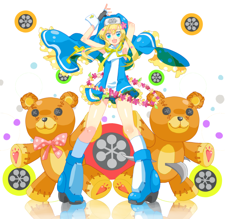 bear, bike_shorts, blonde_hair, blue_eyes, bow, bridget, bridget_(guilty_gear), fingerless_gloves