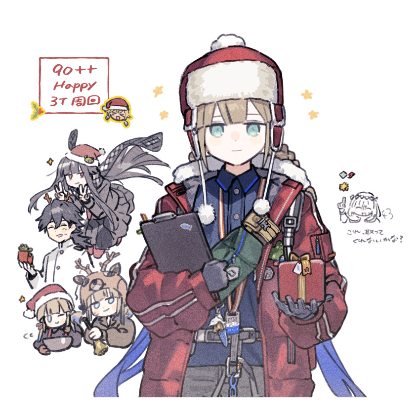 >_<, 1girl, 6+boys, androgynous, animal_ears, animal_hat, antlers, aqua_eyes