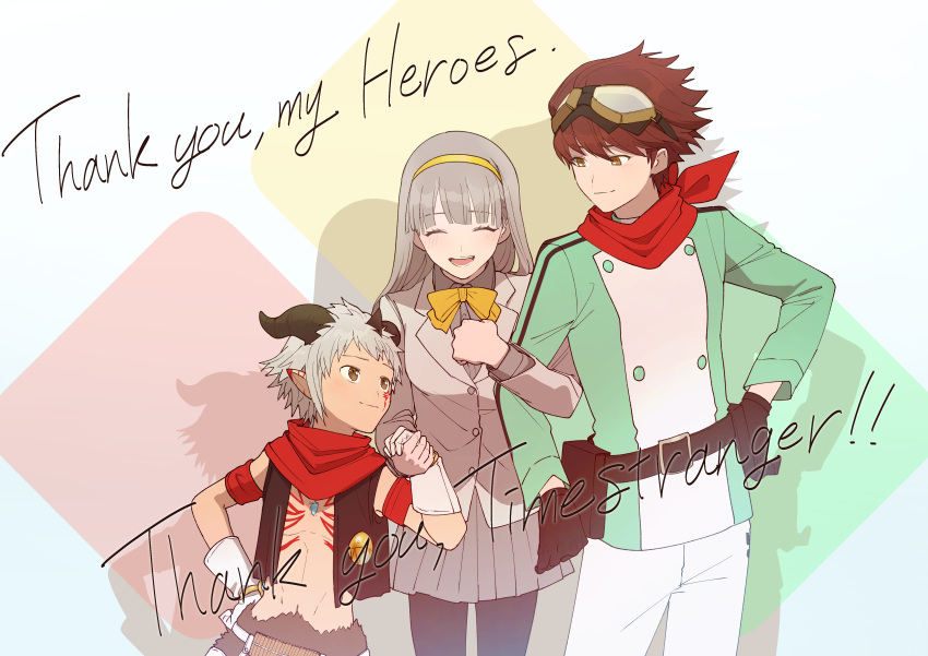 1girl, 2boys, :d, absurdres, aegiomon, animal_ears, black_vest, body_markings