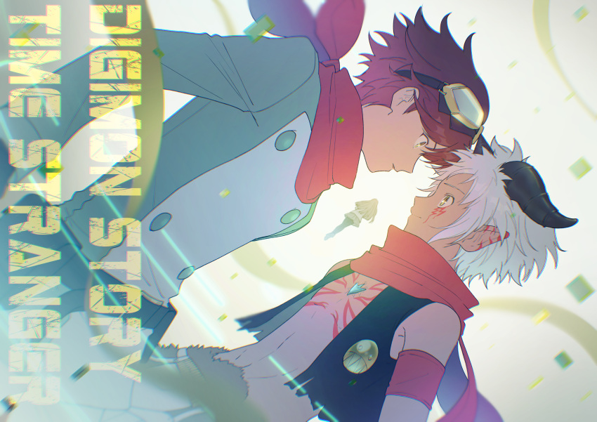 2boys, absurdres, aegiomon, animal_legs, black_horns, black_vest, body_fur, body_markings