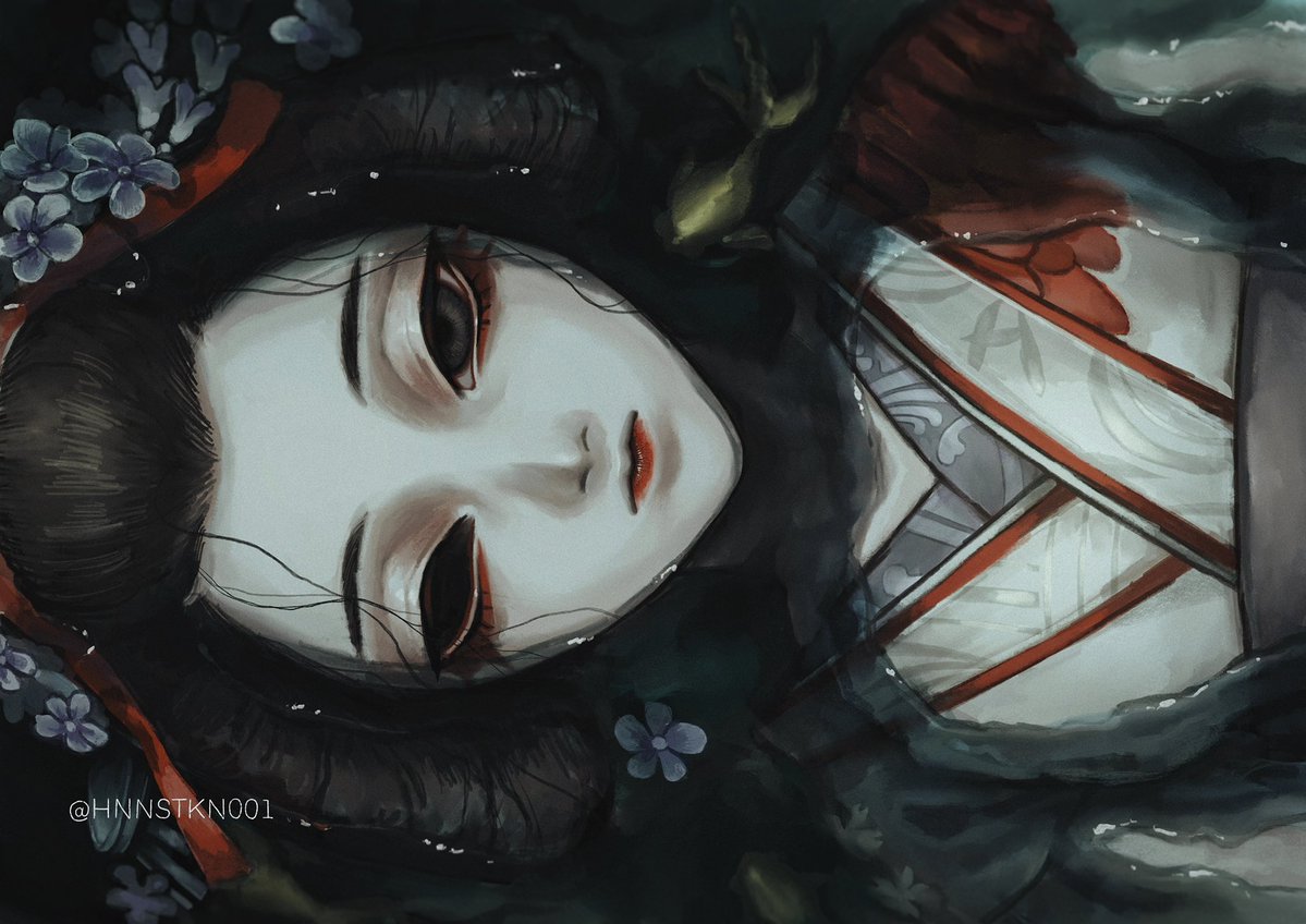 1girl, artist_name, black_eyes, black_hair, black_sclera, blue_flower, closed_mouth, colored_sclera