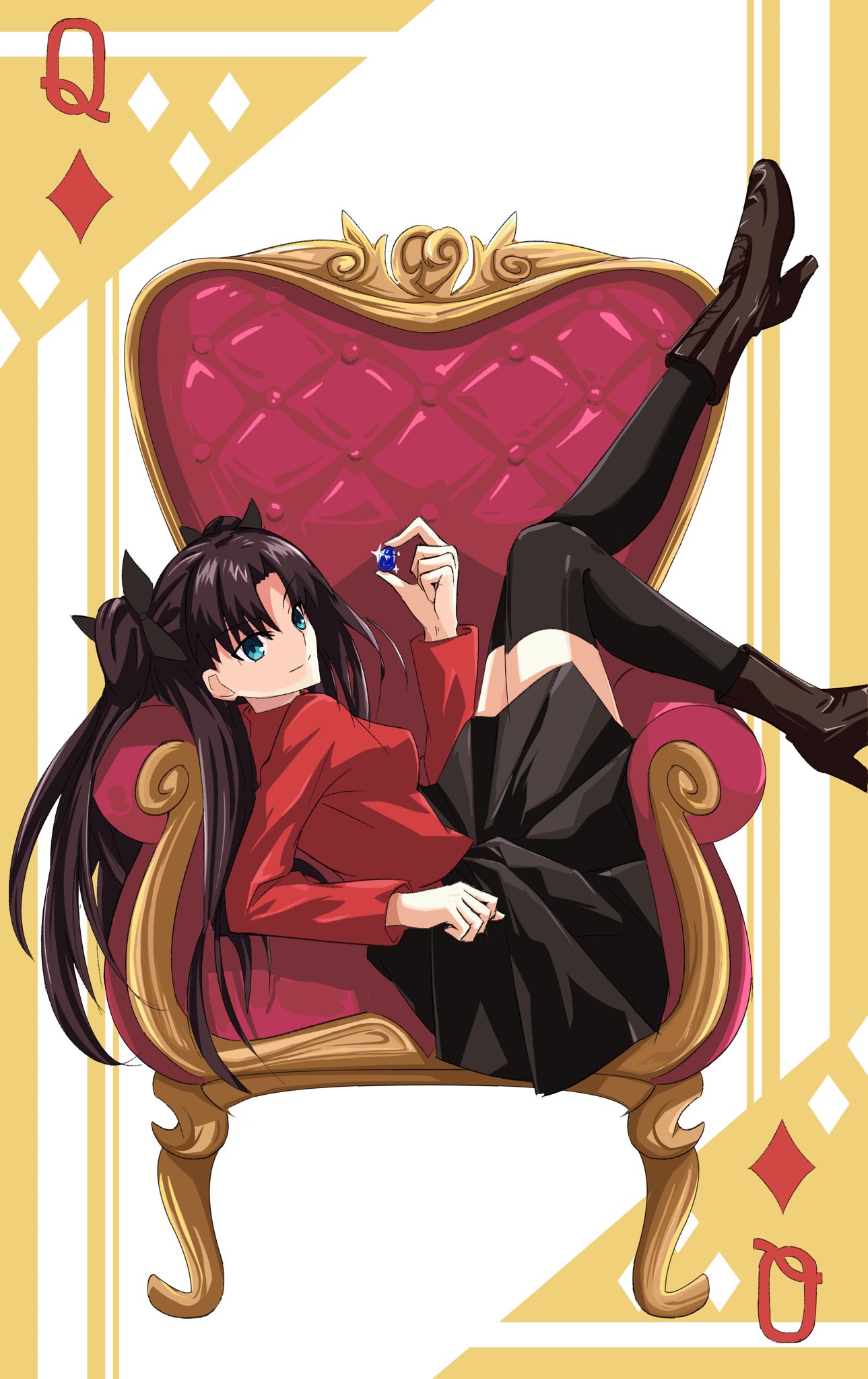 1girl, andychen662000, black_hair, black_leggings, black_skirt, blue_eyes, blue_gemstone, boots, bow, breasts, brown_boots, card, chair, fate/stay_night, fate_(series), gem, hair_bow, highres, leggings, long_hair, medium_breasts, on_chair, playing_card, pleated_skirt, queen_(playing_card), red_shirt, shirt, skirt, smile, solo, tohsaka_rin, twintails, zettai_ryouiki