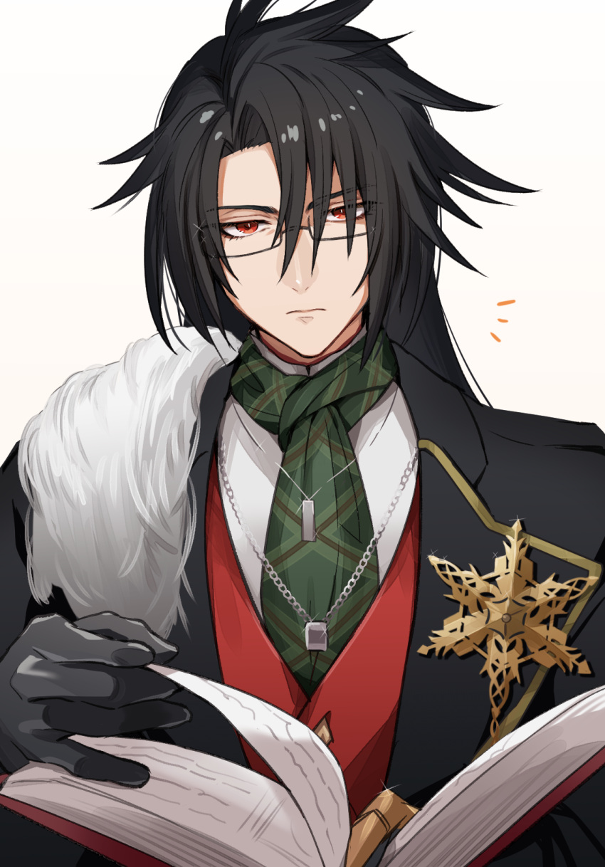 1boy, ascot, az_(pixiv_108058292), black_coat, black_gloves, black_hair, book, chain
