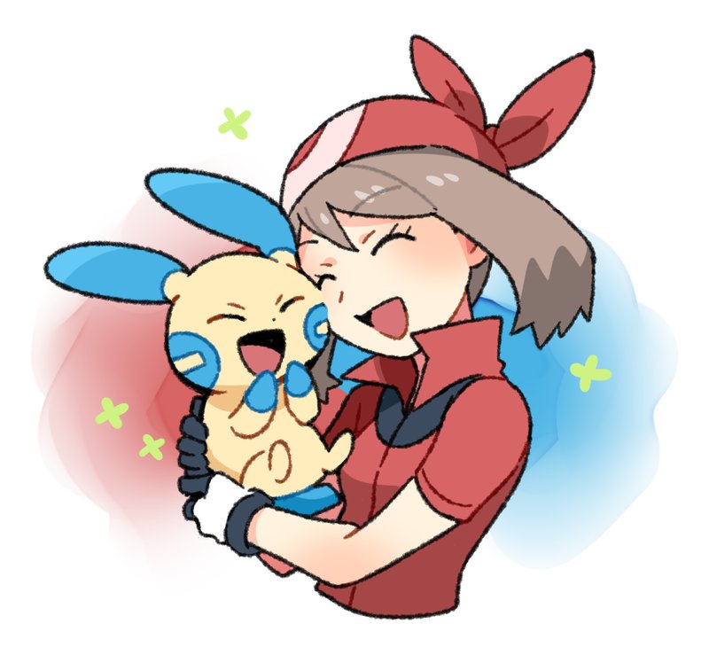1girl, bandana, brown_hair, closed_eyes, gloves, gradient_background, happy, may_(pokemon)