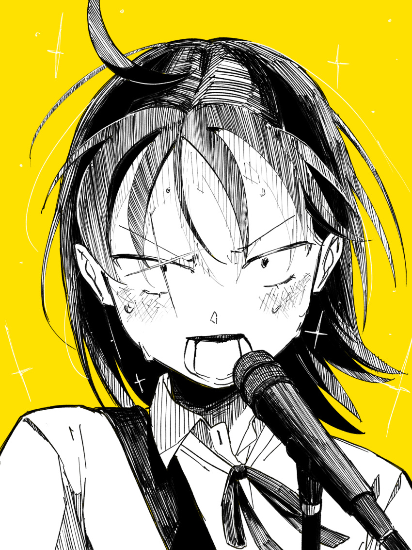 1girl, ahoge, collared_shirt, commentary_request, futsuu_no_keion-bu, greyscale_with_colored_background, guitar_strap, hatono_chihiro