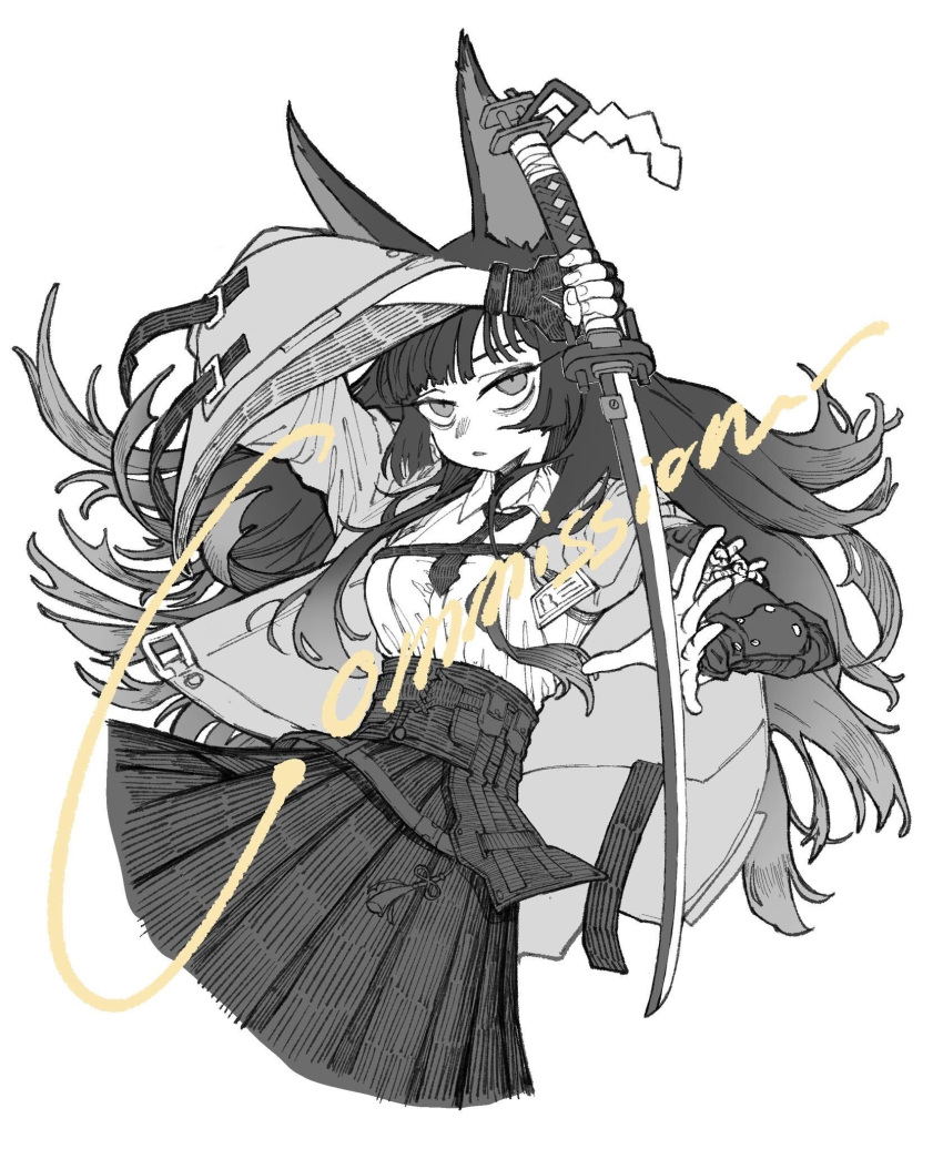 1girl, animal_ear_fluff, animal_ears, arm_out_of_sleeve, black_gloves, black_hair, black_necktie, black_skirt