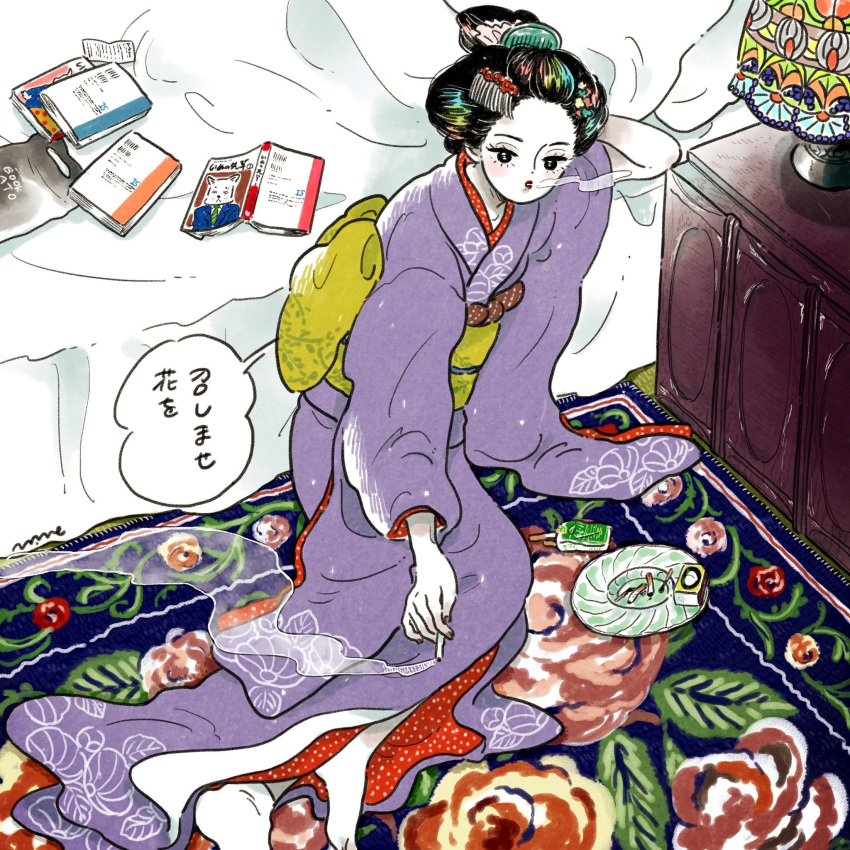 1girl, ashtray, bag, bed, bedroom, black_eyes, black_hair, blush