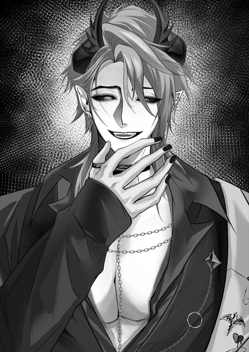 1boy, azq0th, black_eyes, black_nails, demon_boy, ear_piercing, evil_smile, first_stage_production