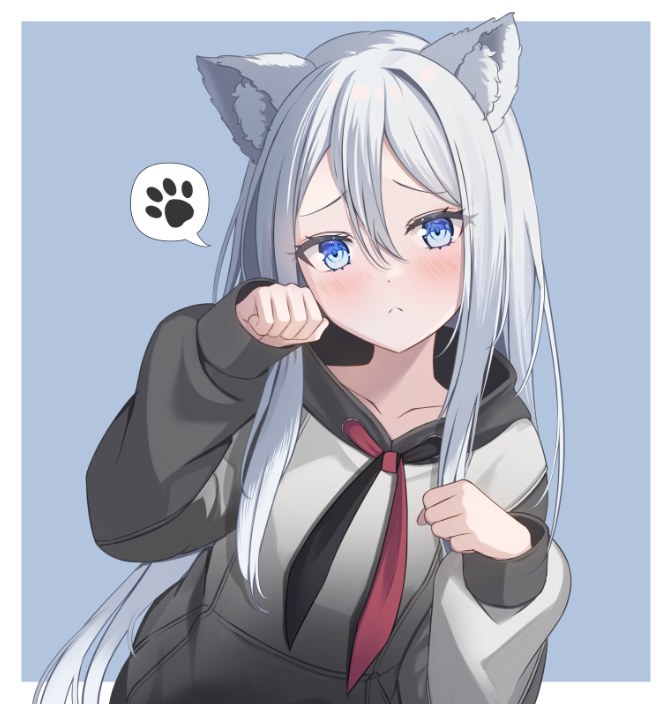 1girl, animal_ear_fluff, animal_ears, black_neckerchief, blue_background, blue_eyes, blush, border, cat_ears, cat_girl, clenched_hands, closed_mouth, double-parted_bangs, gradient_hoodie, grey_hoodie, hair_between_eyes, hands_up, hood, hood_down, hoodie, kemonomimi_mode, leaning_to_the_side, long_hair, long_sleeves, looking_at_viewer, multicolored_neckerchief, neckerchief, paw_pose, paw_print, project_sekai, puffy_long_sleeves, puffy_sleeves, raised_inner_eyebrows, red_neckerchief, simple_background, sleeve_cuffs, solo, split_mouth, spoken_paw_print, straight_hair, two-tone_neckerchief, upper_body, very_long_hair, white_border, white_hair, yoisaki_kanade, yoromimi_yu